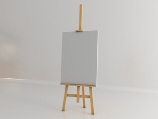 Wooden easel with blank canvas on light background. Space for text. Wooden easel with free space ready for your advertisements and presentations.