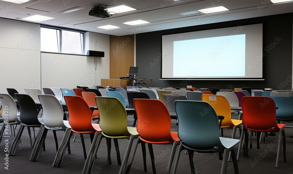 Poster a large auditorium with rows of chairs and a projector screen. the room is large and open, with a se