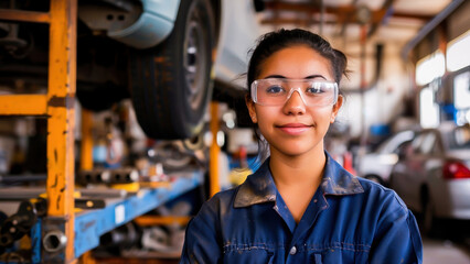Young female mechanic wearing safety goggles confidently standing in a well-equipped automotive workshop. Concepts of skilled labor, industrial work, and gender diversity in engineering.