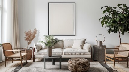 A cozy living room with minimalist decor and plants, emphasizing comfort and style.