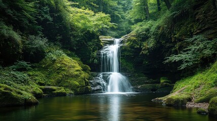 Naklejka premium A tranquil waterfall in the Black Forest, Germany, with lush green surroundings and space for text