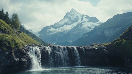 Fototapeta premium A tranquil waterfall in the Swiss Alps, with snow-capped peaks in the background and open space for copy