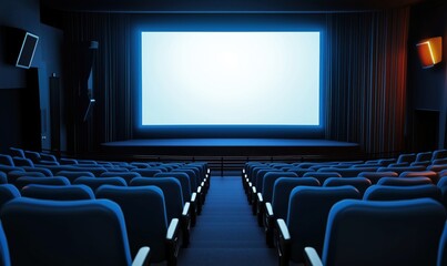 A movie theater with a large screen and blue seats
