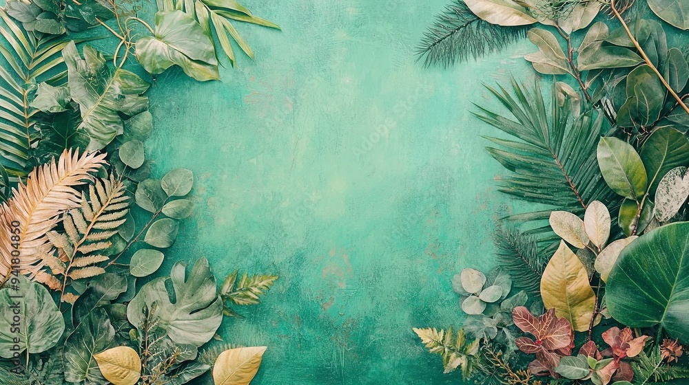 Wall mural a painting showcases vibrant tropical plants against a lush green backdrop with space for text in th