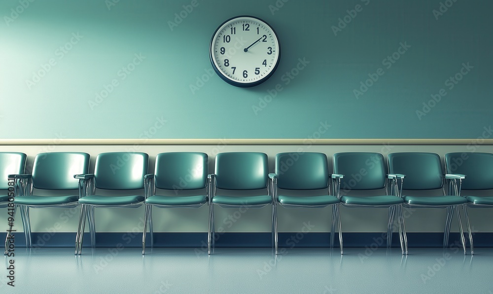 Poster a row of chairs are lined up in a waiting room with a clock on the wall. the clock shows that it is 