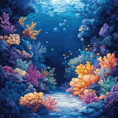 Fototapeta premium Vibrant Underwater Coral Reef with Fish and Bubbles