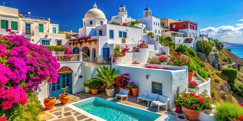 Fototapeta premium Mediterranean Oasis - vibrant, colorful, intricate, whitewashed, relaxing