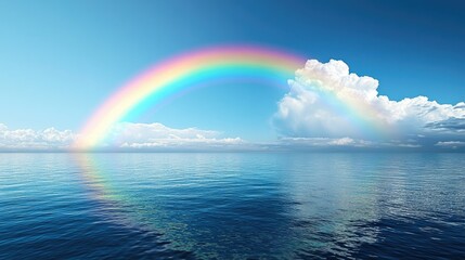 A vivid rainbow over a tranquil sea, with ample copy space in the water and sky