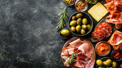 Image of A flat lay of Spanish tapas including olives, ham, and cheese, with room for copy space in the background. printed on Printed Glass Basin Splashbacks