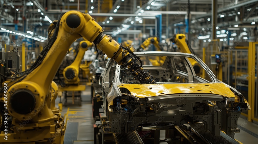 Poster a yellow robot is working on a car in a factory. the robot is in the process of assembling the car, 