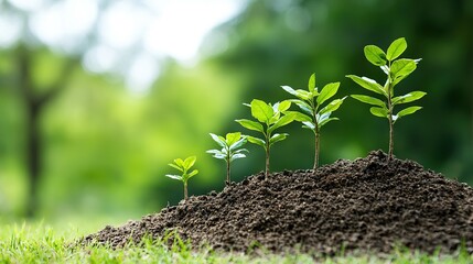   A cluster of youthful foliage bursting from a mound of earth amidst a green landscape, surrounded by towering trees