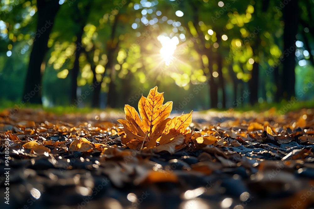 Poster a serene forest scene with sunlight filtering through the trees, casting an amber glow on the fallen