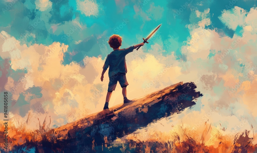 Poster a boy is standing on a log with a sword in his hand. the sky is blue and there are clouds in the bac