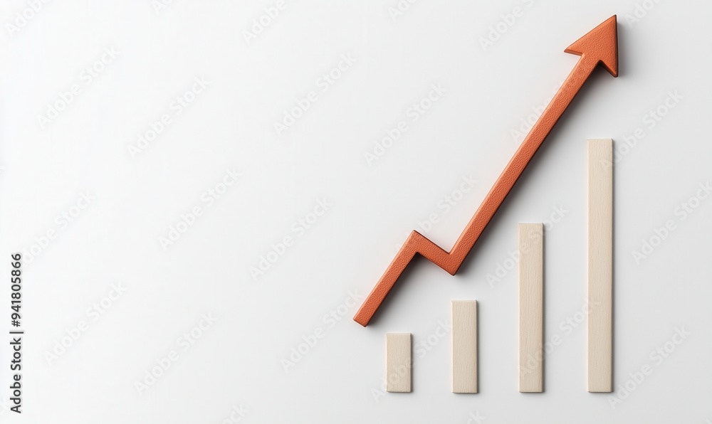 Poster a wooden arrow pointing upwards is placed on a white background. the arrow is surrounded by four whi
