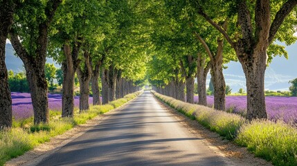 Beautiful tree-lined avenue in Provence, France, with lavender fields in the distance, leaving space for text