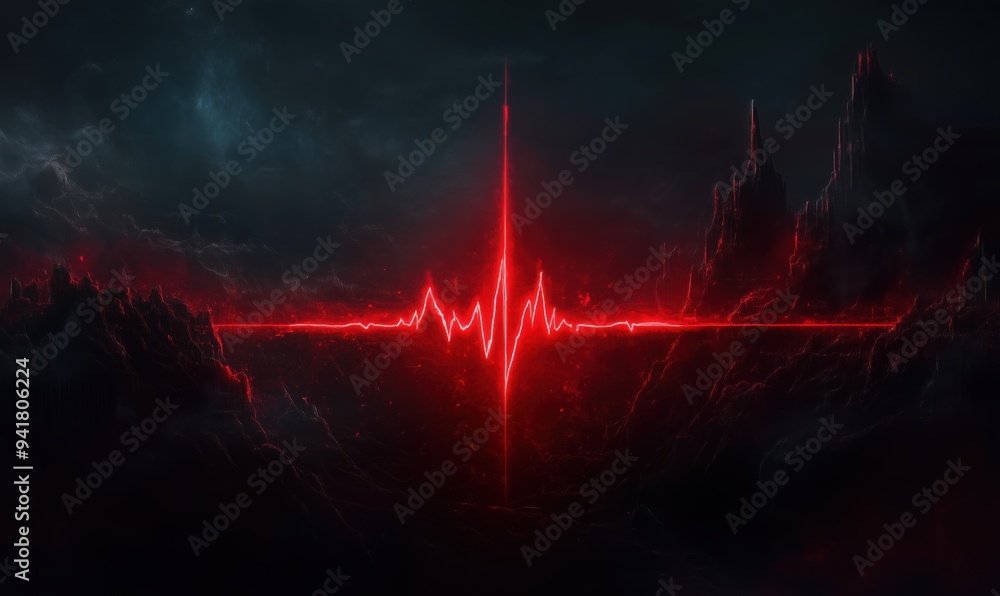 Poster a red heart shape is displayed on a dark background. the image has a moody and ominous feel to it, a