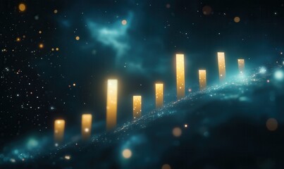 A series of yellow bars are shown against a blue background. The bars are lit up and appear to be glowing. The image has a dreamy, ethereal quality to it, with the bars