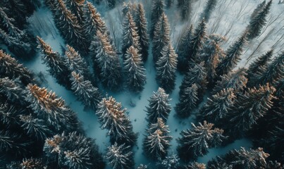 A close up of a forest with snow on the ground and trees. Concept of tranquility and peacefulness