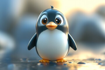 3D cartoon-style penguin with big eyes, a round belly, and a cheerful smile, rendered in a cute and...