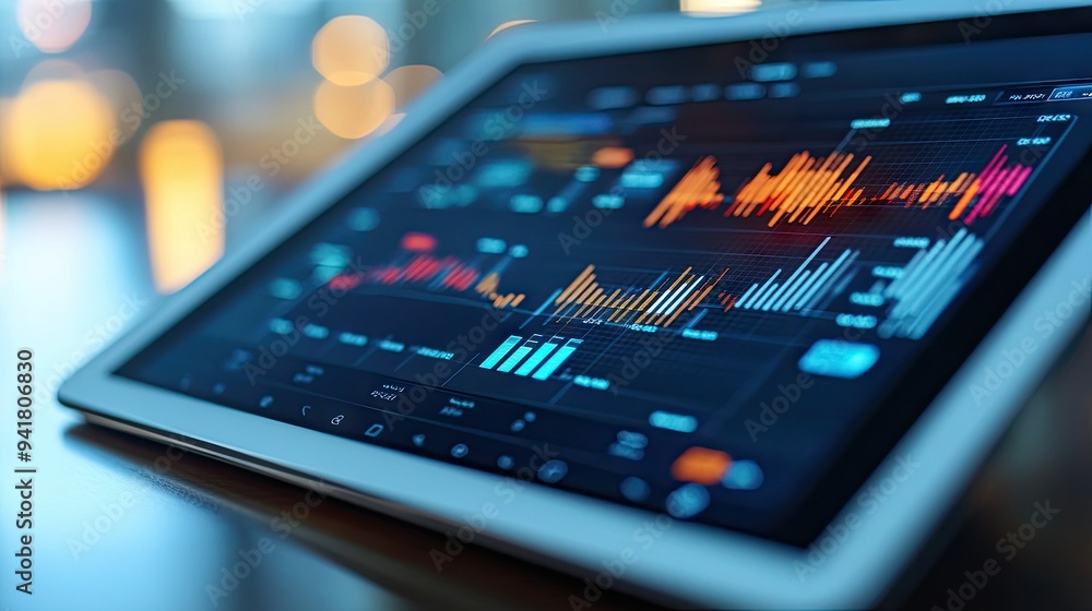 Poster close-up of a financial dashboard showing real-time stock prices and line graphs on a tablet -