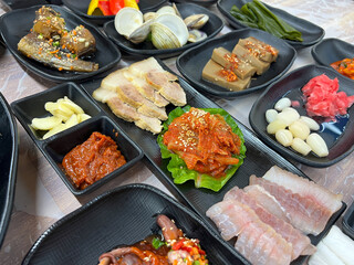 Fermented Skate and Steamed Pork Slices Served with Kimchi