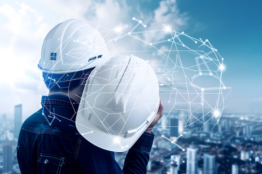 Photography Back Side View of Engineers and Worker in White Helmets with White Prints and Globe Network Connectivity Lines.