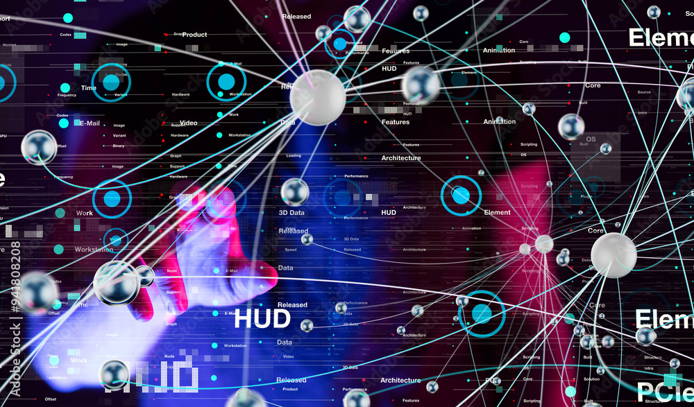 Poster Neural network 3D illustration. Big data and cybersecurity