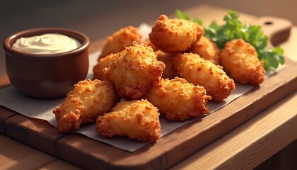 Closeup of crispy fried chicken bites with dipping sauce.	