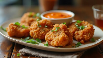 Fototapeta premium Closeup of crispy fried chicken bites with dipping sauce. 