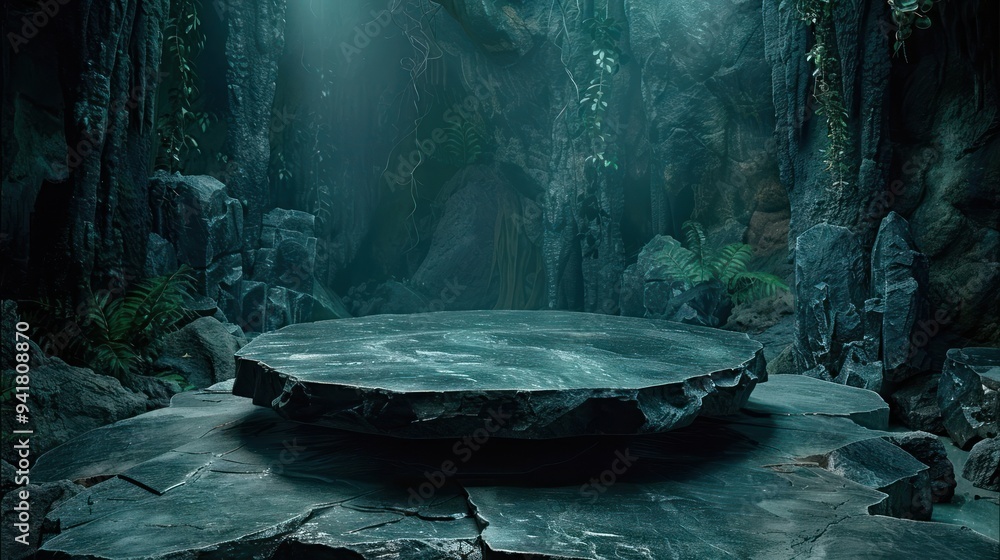 Poster a circular stone platform in a mystical cave setting with lush greenery and a beam of light.