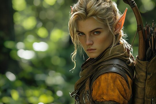 3D male elf ranger, pointed ears, leather outfit, bow in hand, surveying a forest