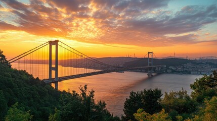 Obraz premium The breathtaking Bosphorus Bridge in Istanbul at sunset, with space for your message