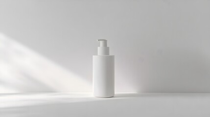 Minimalist Soap Dispenser: A simple, white soap dispenser with a clean design, centered on a white background, with soft lighting to enhance its form.
