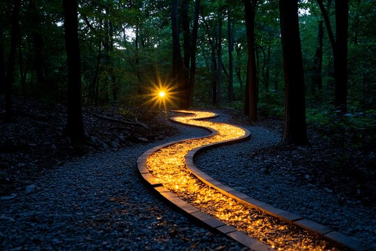 A serene woodland scene with an amber glow from the setting sun, illuminating the trees and casting a warm light on the path