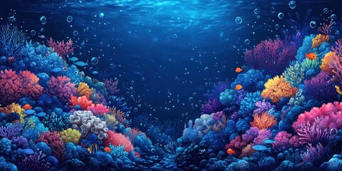 Fototapeta premium Vibrant Coral Reef with Colorful Fish and Bubbles in Blue Water