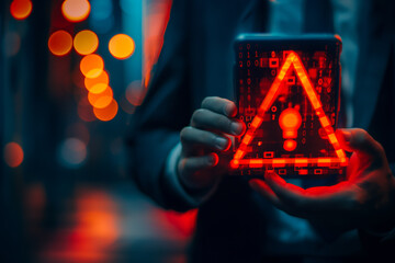 Businessman Holding Digital Security Warning Sign in Futuristic Cityscape