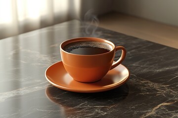 Fototapeta premium 3D render of a coffee cup with a rich, dark brew, gently steaming and set on a saucer