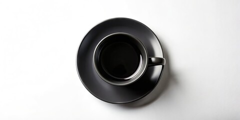 Minimalist Awakening: Clean, monochromatic, overhead shot of a black cup and saucer on a white background, simple, elegant