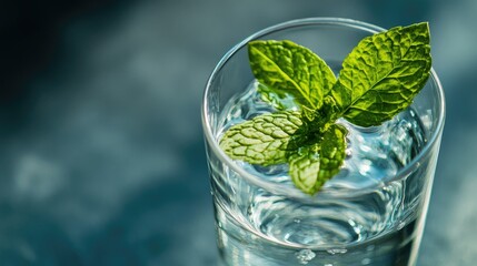 Close-up of a glass of still water with a mint leaf floating on top
