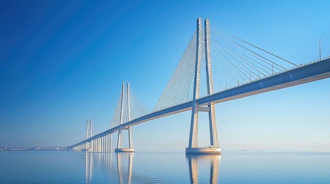 The iconic Vasco da Gama Bridge in Lisbon, with room for copy in the clear sky