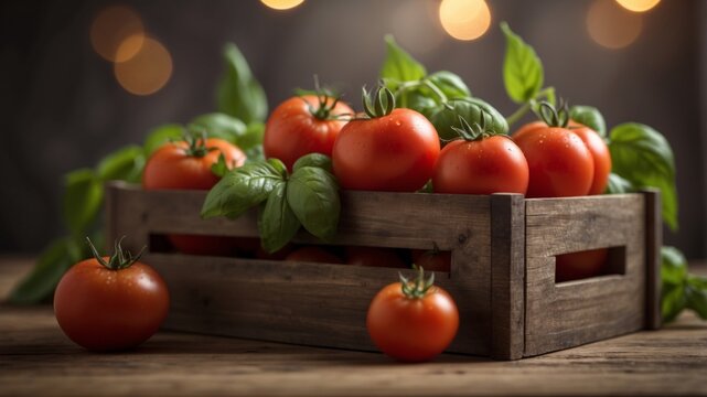 Fresh tomatoes and basil in wooden crate.