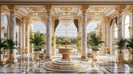 Obraz premium Grand, opulent interior of a palace with marble columns, gold accents, and large windows overlooking a garden.