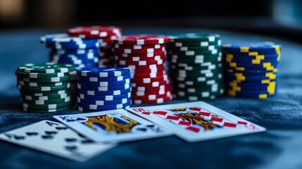 Fototapeta premium Mid-Air Poker Chips and Full House on Table Set the Stage for a Thrilling WSOP Tournament Atmosphere.