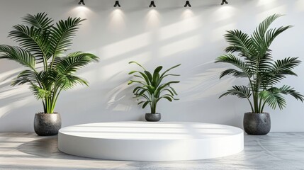 Fototapeta premium White podium with tropical plants and spotlights in a minimalist interior.