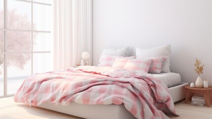 King-size bed with soft bedhead and pastel pink bedding in feminine room. Neural network ai generated art