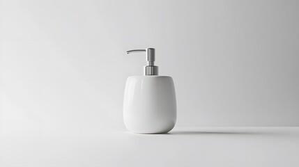 Minimalist Soap Dispenser: A simple, white soap dispenser with a clean design, centered on a white background, with soft lighting to enhance its form.
