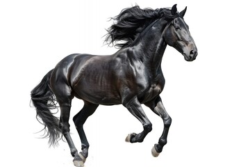 A majestic black horse galloping with flowing mane and tail against a white background.