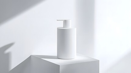 Minimalist Soap Dispenser: A simple, white soap dispenser with a clean design, centered on a white background, with soft lighting to enhance its form.
