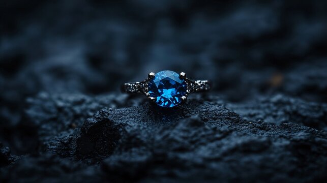 A dark charcoal surface showcasing a single bright blue sapphire ring, the gemstone glowing softly against the backdrop