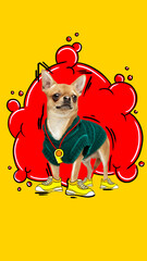Poster. Contemporary artwork. Stylish Chihuahua dressed in green sweater and yellow sneakers,...